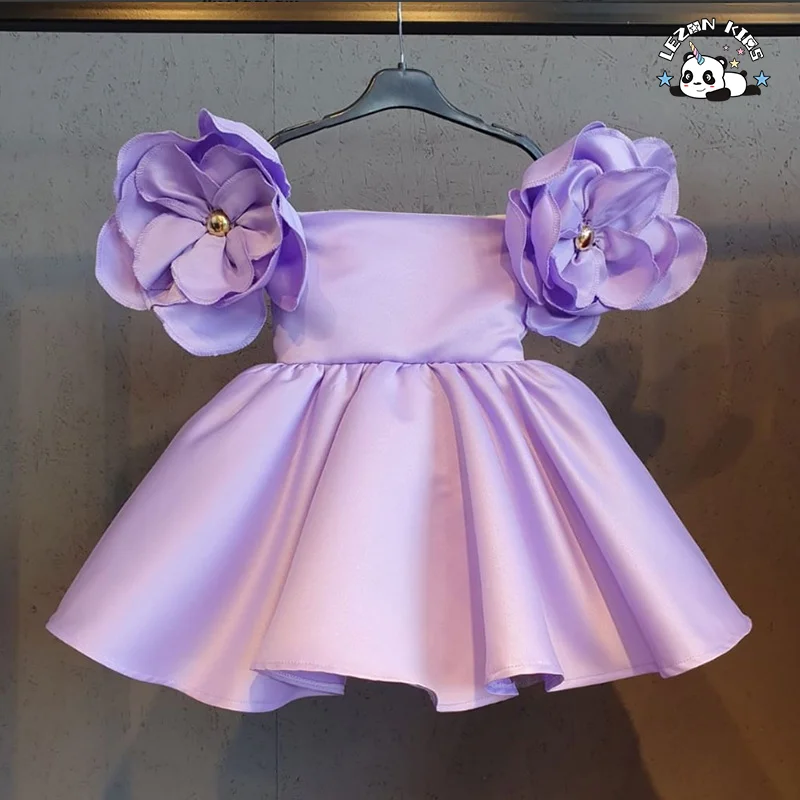 LEZONKIDS - Vestido de Princesa para Meninas com Manga Bufante e Flores, Vestido de Festa para Meninas